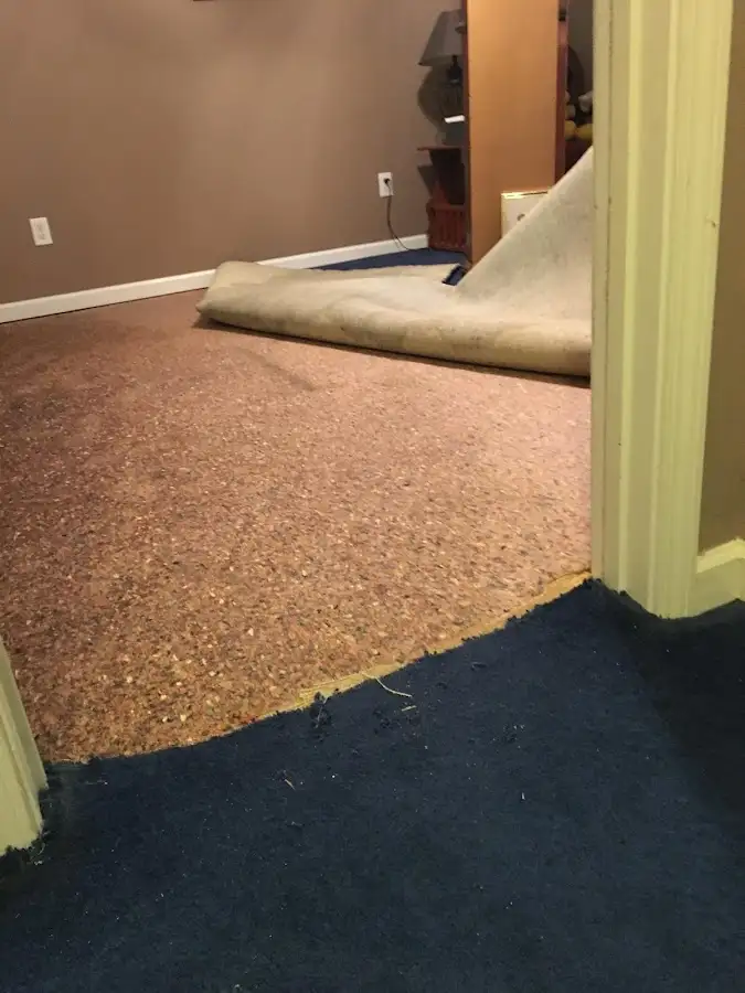 Carpet pad removal revealing water damage during Water Mitigation Services in Beverly Hills